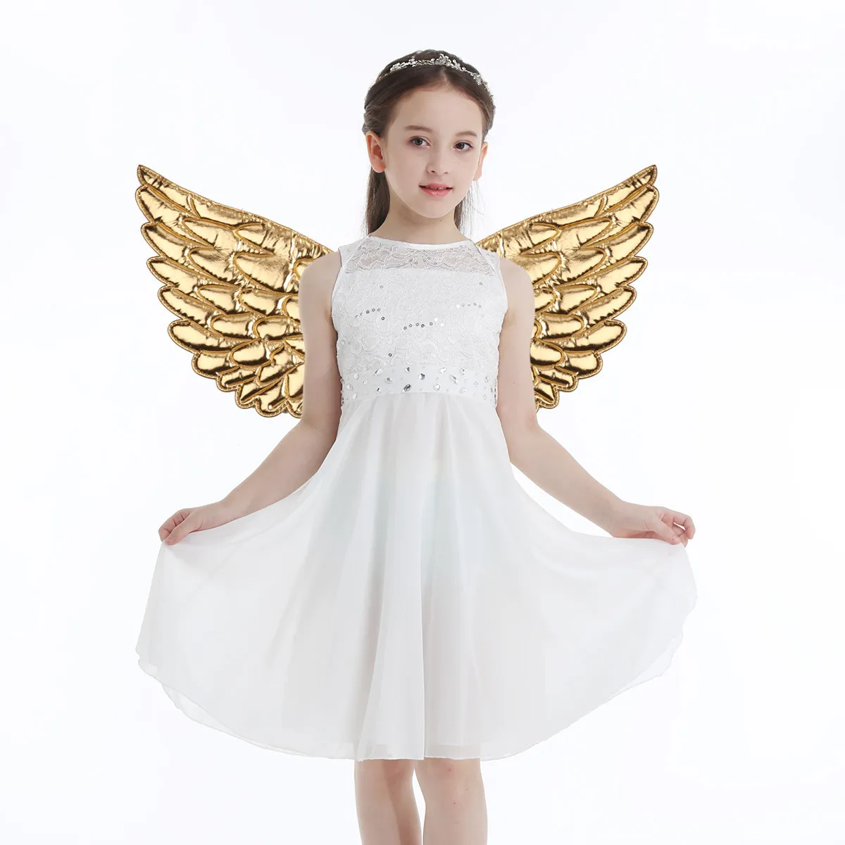 เด็ก Glossy Metallic ปีกสำหรับเด็กสาวเจ้าหญิง Fairy Angel Wings Masquerade ฮาโลวีนคอสเพลย์ปาร์ตี้เครื่องแต่งกายอุปกรณ์เสริม