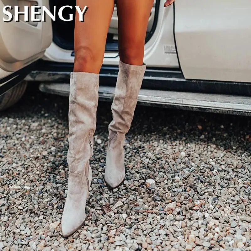 Winter Women Shoes Sexy High Pointed Toe Solid Color Slip-On Flock Warm Over The Knee Boots Ladies Mature Party Elegant Boots