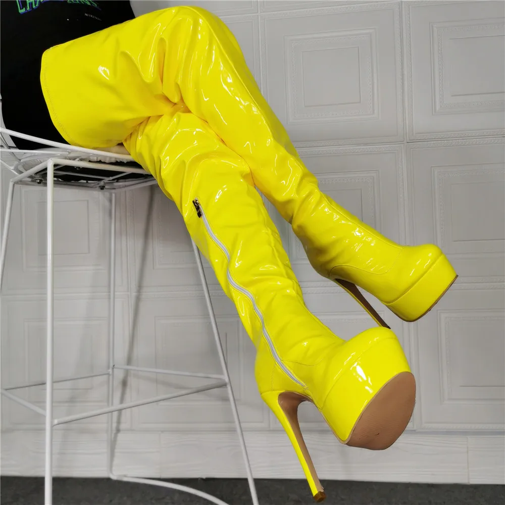 Women Sexy Bright Yellow Patent Leather Boots Thin High Heels High Platform Thigh Boots Over the knee Fashion Knight Dress Boots