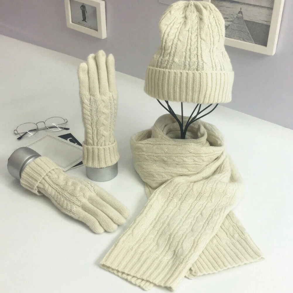 Mode Dames Nieuwe Herfst Winter Warm Effen Kleur Sjaal Hoed Handschoen Sets Vrouwen Dikke Gebreide Zachte Gebreide Wollen Set