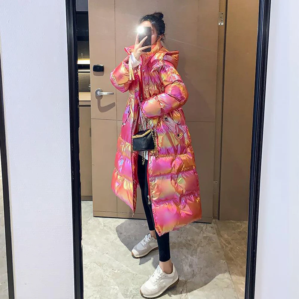 2021 Colorful Glossy Cotton Coats Women Winter Hooded Parka Long Down Cotton Jacket Fashion Waterproof Winter Snow Outer