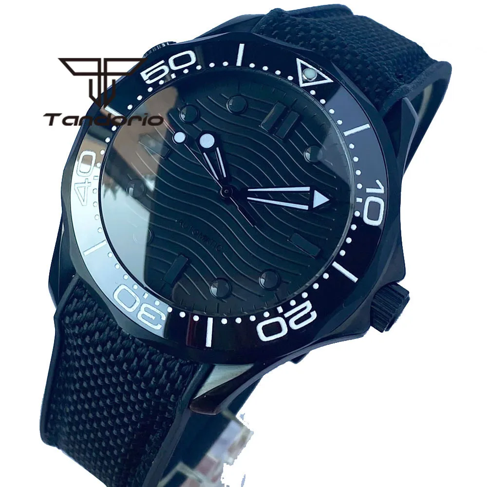 41mm Automatic Men's Watch Black PVD/Steel Case Black Ripple Dial Steel Bezel NH35 MIYOTA MINGZHU Sapphire Crystal Rubber Strap