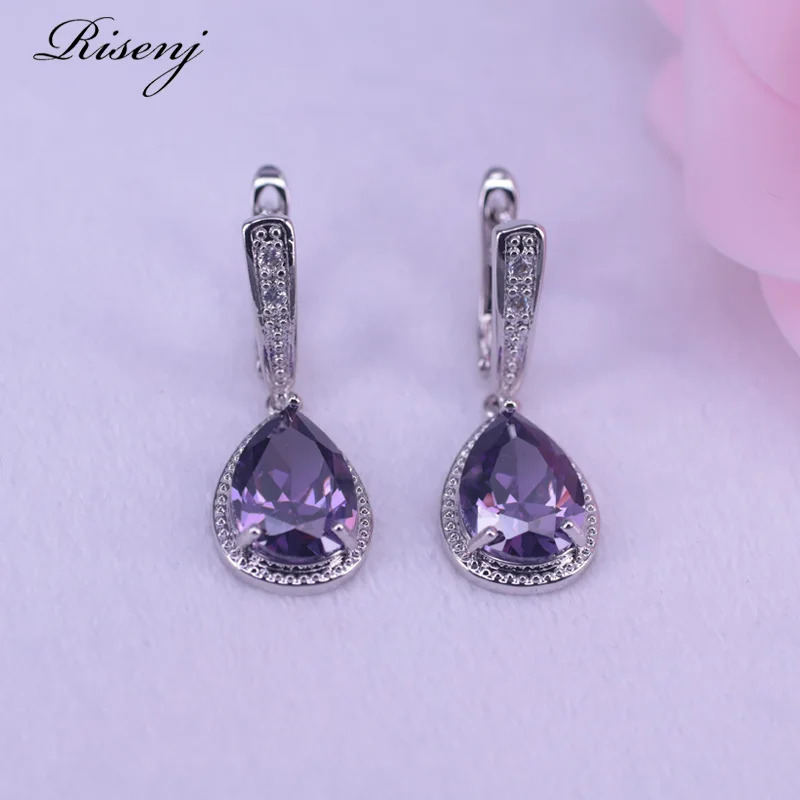 Many Colors Purple Crystal Silver Color Jewelry Big Water Drop Square Bridal Jewelry Earrings Necklace Ring Set