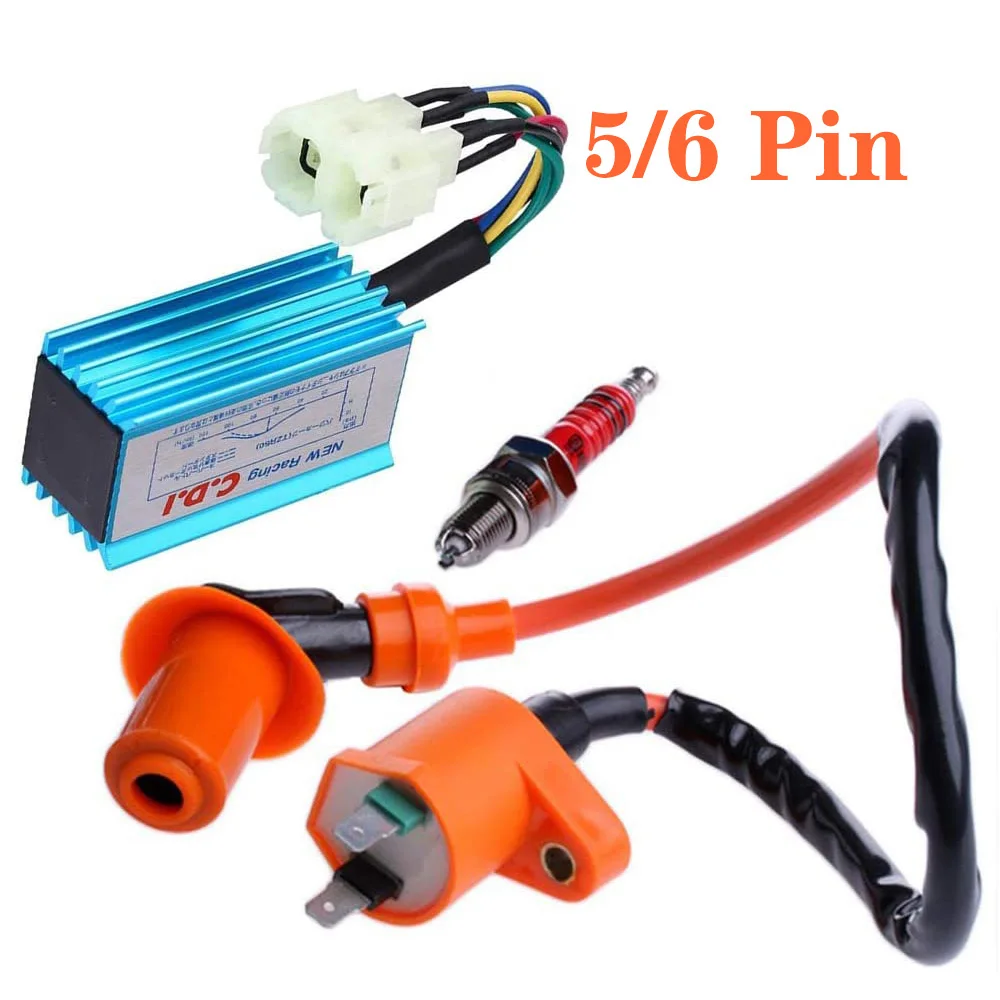 

5Pin Motorcycle Racing AC CDI Ignition Box + 6Pin Racing Performance CDI Ignition Coil Spark Plug For GY6 50CC 125CC 150CC Moped