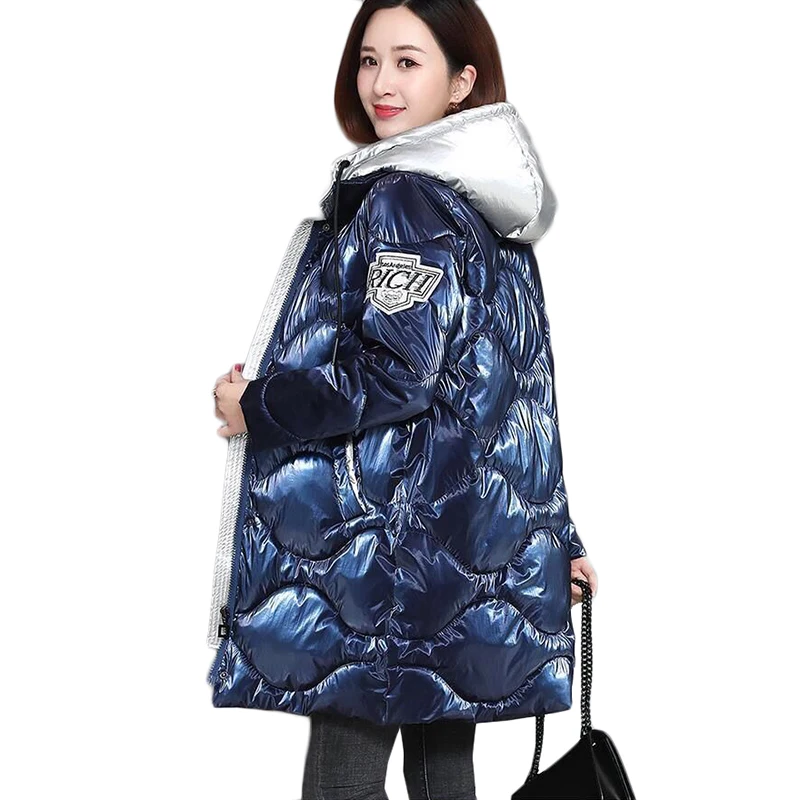 Parka à capuche en coton brillant pour femme, veste longue, pardessus décontracté, sans lavage, grande taille, optique chaude, hiver, nouveau, 2024