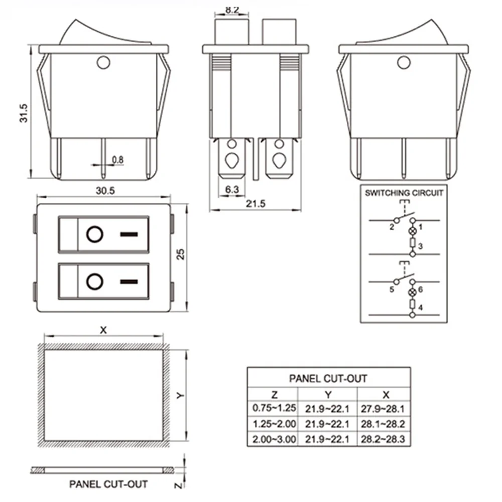Double Boat Rocker Switch 6 Pin On-Off With Green Red Light 20A 125VAC