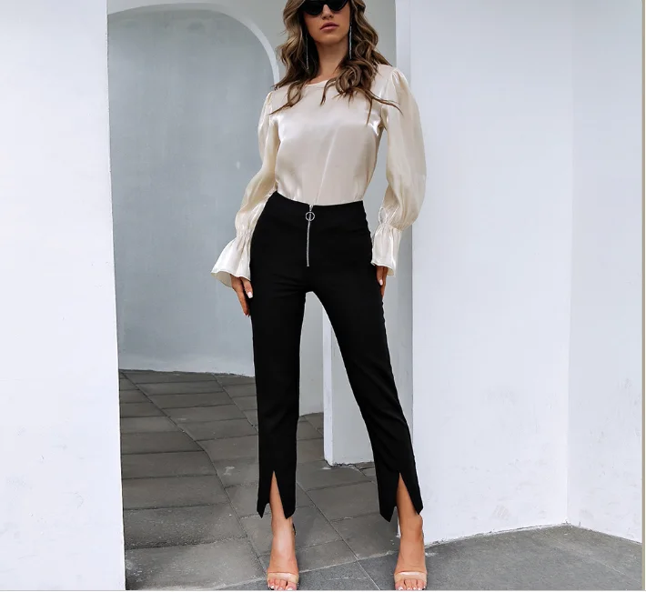 2022 Elegant Women Sexy Pants High Waist Black Split Slim Autumn Office Ladies Casual Trouser Fashion Flare Slit Pant Black