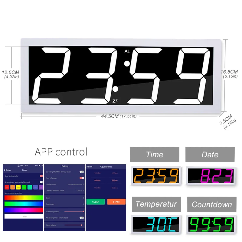 Relógio de parede digital com controle do aplicativo, despertador, hora, data, temperatura, som ativar, contagem regressiva, brilho stepless, soneca