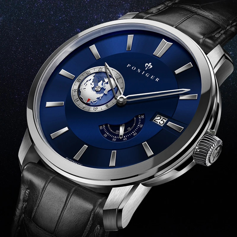 PONIGER ساعة ميكانيكية أوتوماتيكية للرجال فاخرة من الفولاذ المقاوم للصدأ، خريطة العالم، قرص من زجاج الياقوت المقاوم للماء مع التاريخ
