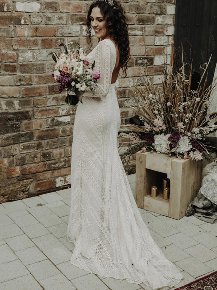 Bohemian Backless 2021 Hochzeit Kleid Spitze Strand EINE Linie Schatz Brautkleider Champagne Nach Maß Robe Zipper De Mariee 10122