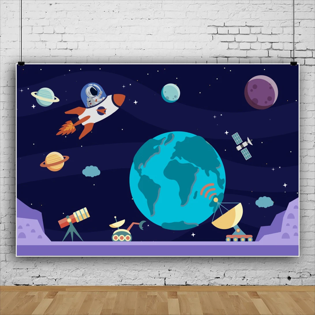 Laeacco Spaceship Starry Planet Moon Boys Birthday Party Photography Backdrop Baby Shower Customize Banner Portrait Background