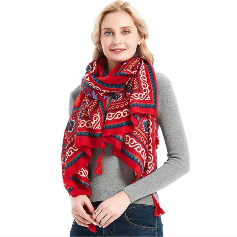 

2020 New Auntumn Women National Geometric Printed Scarf Pashmina Beach Sun-protective Tassel Scarves Shewls Femail Plus size