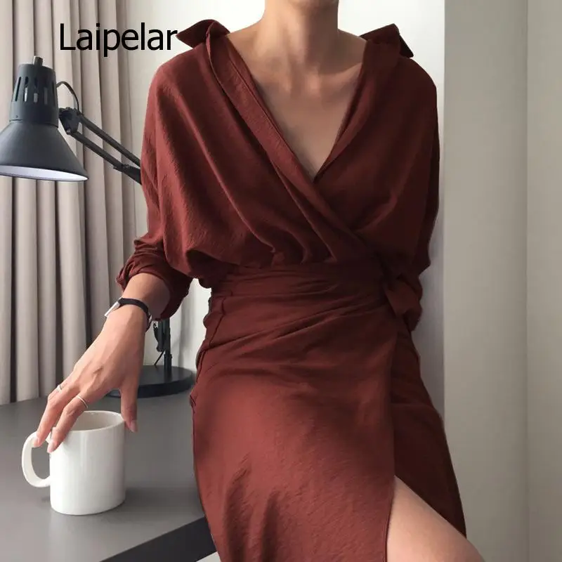 2020 New Spring Autumn V-Neck Long Sleeve Waist Bandage Loose Big Size Temperament Dress Women Fashion Tide