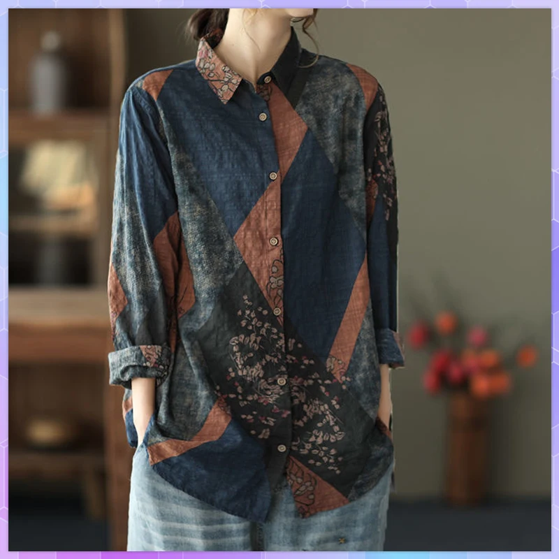 Oversized T-shirt Women's Cotton Linen Tee Shirt Long Sleeve TShirts Retro Printed Ladies Cardigan Top Spring Autumn Large Size