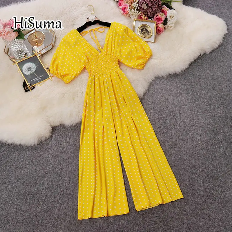 HISUMA summer new women's dot print deep V neck puff sleeve chiffon jumpsuit female V collar Wide leg playsuits women bodysuit