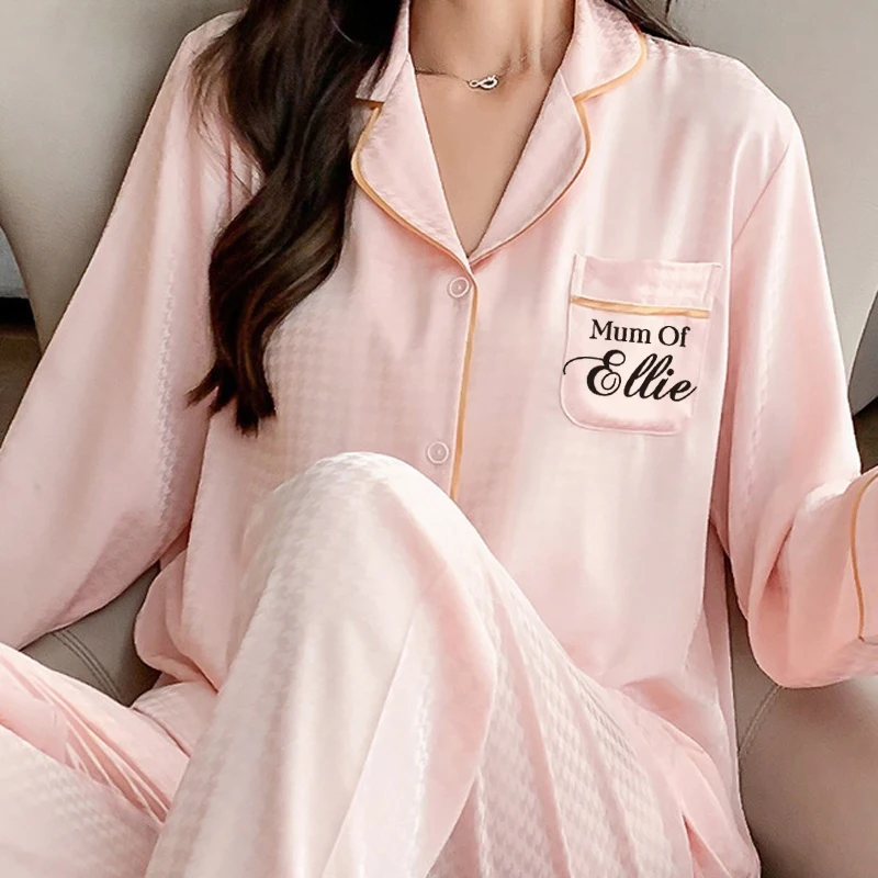 Personalized Name& Date Women Satin Pajamas Set Long Sleeve Long pants Sleepwear Pajamas Suit Female Homewear