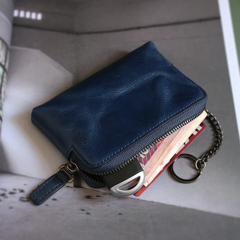 

Luxury Key Wallets Cowhide Leather Top End Vintage Mini Zipper Storage Coin Purses Casual Housekeeper Organizer Car Key Bag