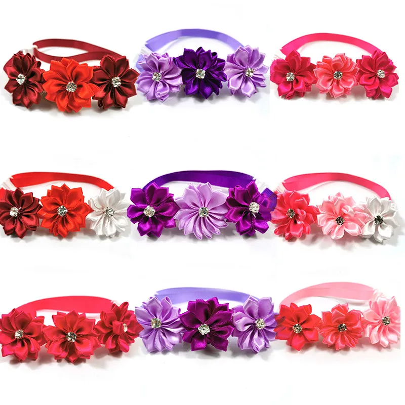 50/100pcs Valentine's Day Pet Flower Bowtie Dog Neckties with Shiny Crystal Pet Dog Accessories Bow Ties Dog Adjustable Necktie