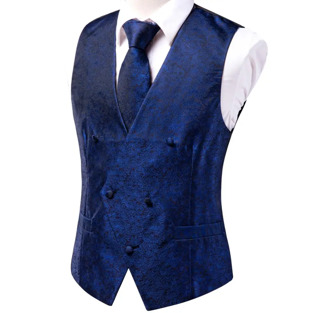 Coletes de vestido formal masculino de seda, gravata fina, abotoaduras para terno, colete floral Paisley azul, 4 peças