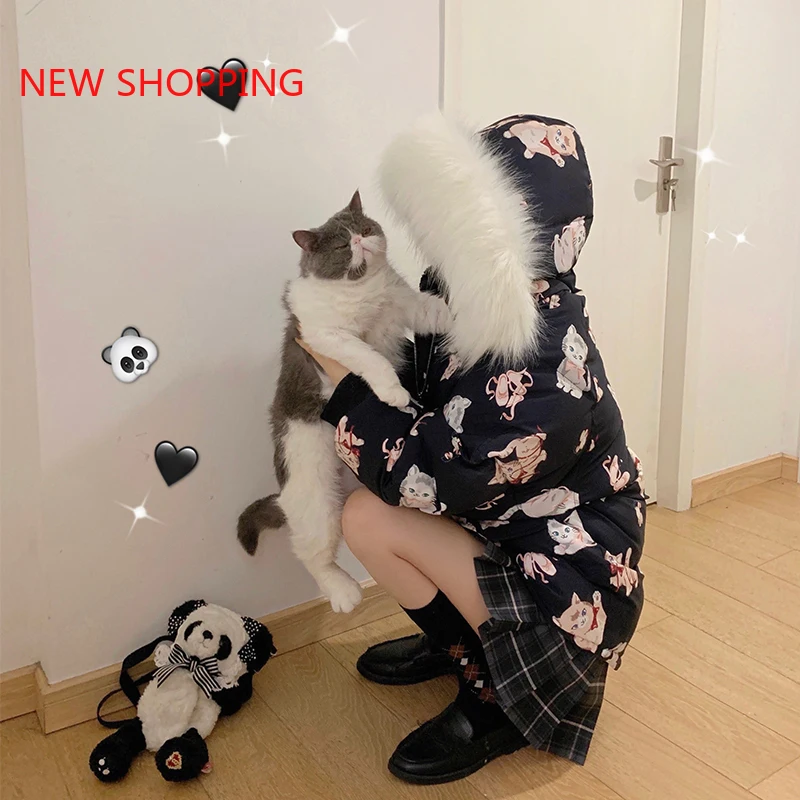 Japonês doce kawaii algodão casaco feminino inverno mais veludo espessamento para baixo jaqueta menina estudante de neve usar outerwear parkas preto