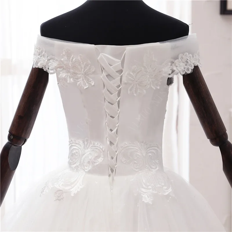 Vendita calda stile coreano scollo a barca Vestidos De Novia 2023 moda semplice abito da sposa con spalle scoperte Plus Size perle paillettes