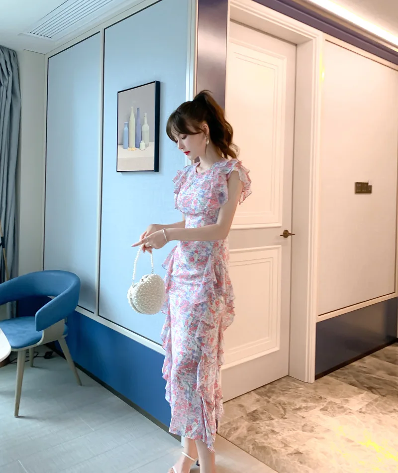 Floral 2020 summer new European style chiffon fishtail ruffled dress Office Lady  Polyester  Sleeveless