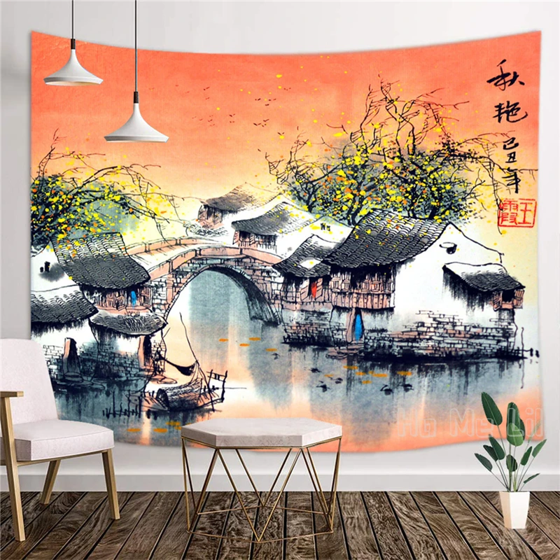 Ink Landscape Painting Of Jiangnan Water Towns Unique Tapestry Room Accessories