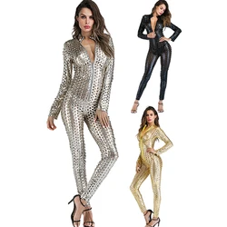 Women Faux Leather Jumpsuit Latex Catsuit Romper Metallic Bodysuit Sexy Clubwear Stripper Leather Playsuit