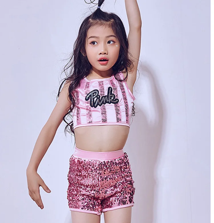 Kids Girls Hip-hop Jazz Dancewear Sequin Glitter Crop Top Shorts 2 Pieces Set Kid Top & Bottoms Dance Costume