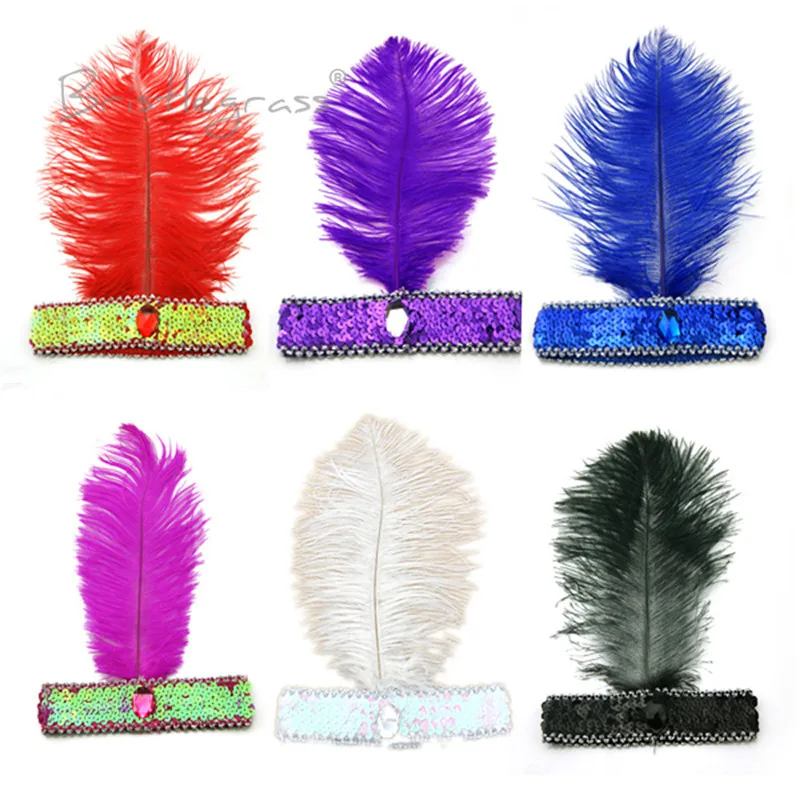 BRISTLEGRASS 1 PCS Blue 1920s Ostrich Feather Sequined Headband Flapper Headpiece Headwear Carnival Ball Party Fancy Costume