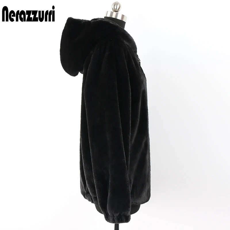 Nerazzurri Winter Black Warm Soft Fluffy jackets for Women Long Sleeve Zipper Hooded Faux Fur Coat Korean Fashion 5xl 6xl 7xl