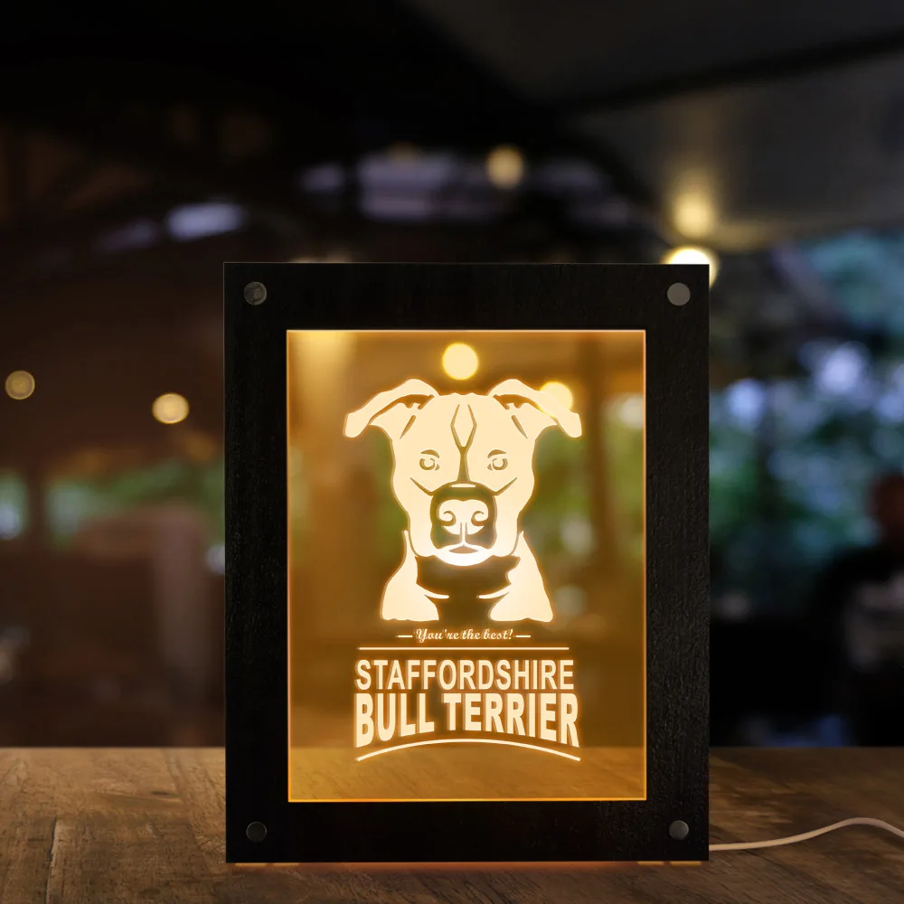 Staffordshire Bull Terrier Dog Breed LED Lighted Photo Frame Acrylic Light Staffie Pit Home Decor Mood Lighting Puppy Lover Gift