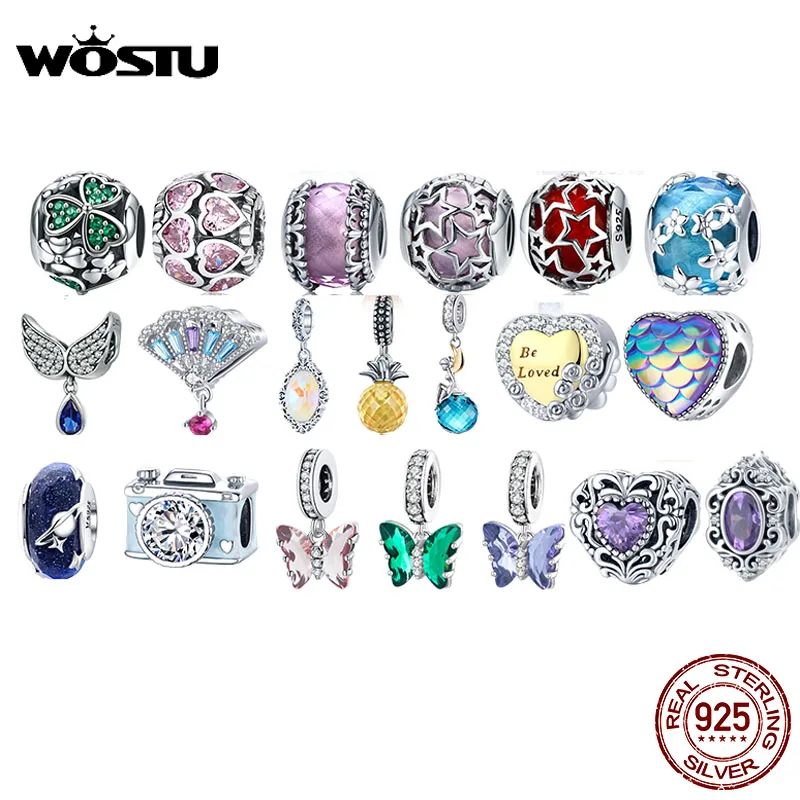 WOSTU Hot Sale 925 Sterling Silver Butterfly Bee Radiance Crystal CZ Charm Bead Pendant Fit Original Bracelet DIY Fine Jewelry