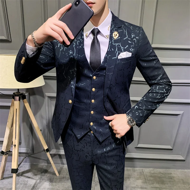 Luxury Men Suit Sets Latest Coat Pant Vest Design Dress Suits Floral Slim Men\'s Groom Tuxedo Suit Royal Blue Burgundy Men Suits