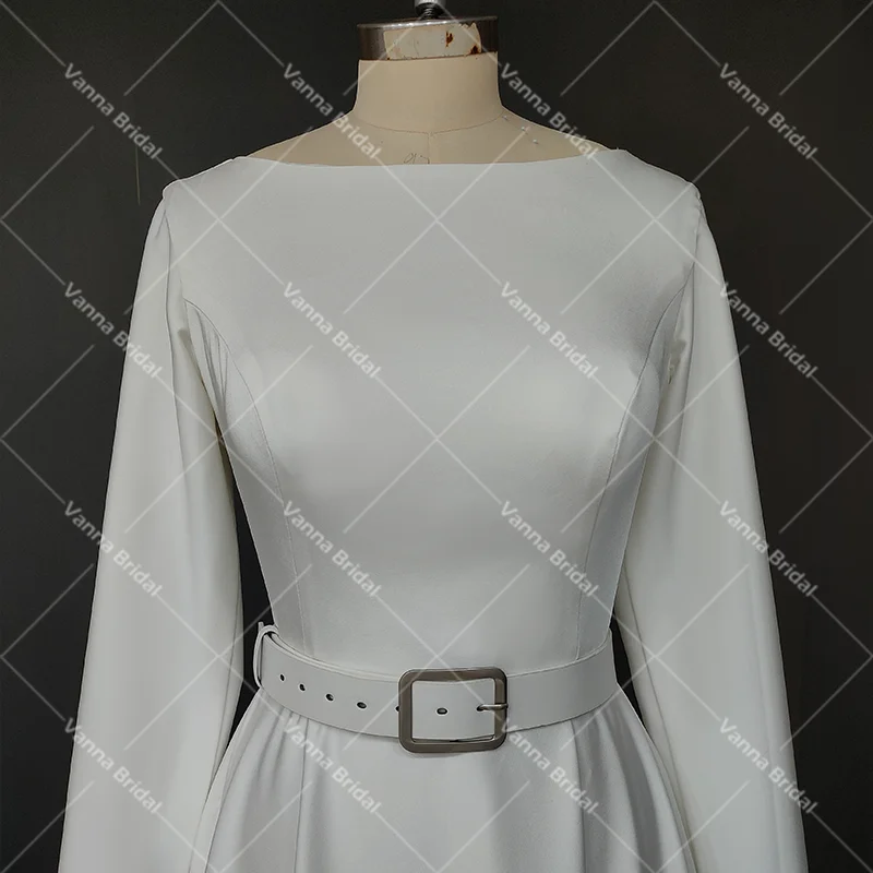 Boat Bateau Neck Luxe Satin Simple Wedding Gowns A Line Custom Made Closed Zipper Back Belted Long Fitted Sleeves Bridal Dress