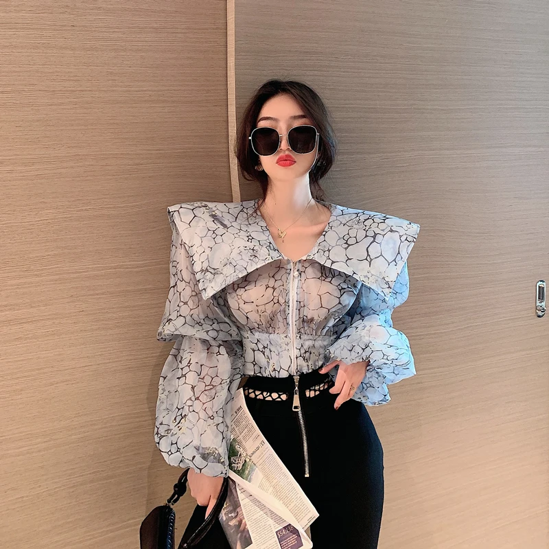 Autumn Women\'s Big Turn Down Collar Printing Shirt Fashion Female Lantern Sleeve Elegant Top Perspective Zipper Blouses Shirts