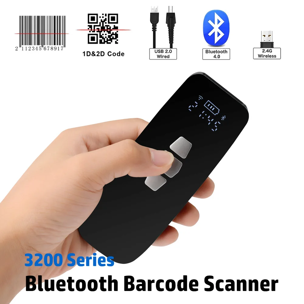 Mini 1D/2D Bluetooth Barcode Scanner, 3-in-1 Bluetooth & 2.4G Wireless & USB Wired Potable Barcode Reader Windows/Android