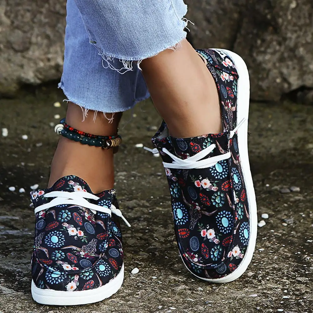 Women Floral Flat Boat Shoes Front Lace-up Decoration Casual Canvas Shoes Lady Outdoor Walking Running Soft Bottom Loafers