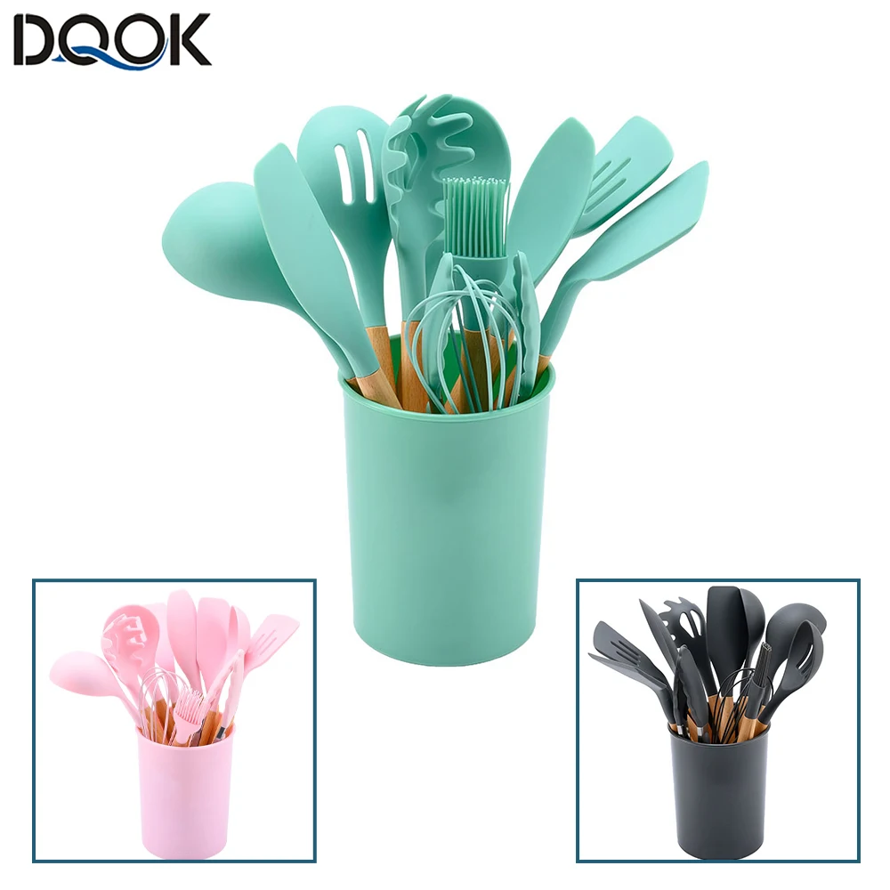 Silicone Kitchenware Cooking Utensils Set Non-stick Cookware Spatula Shovel Egg Beaters Wooden Handle Kitchen Cooking Tool Set