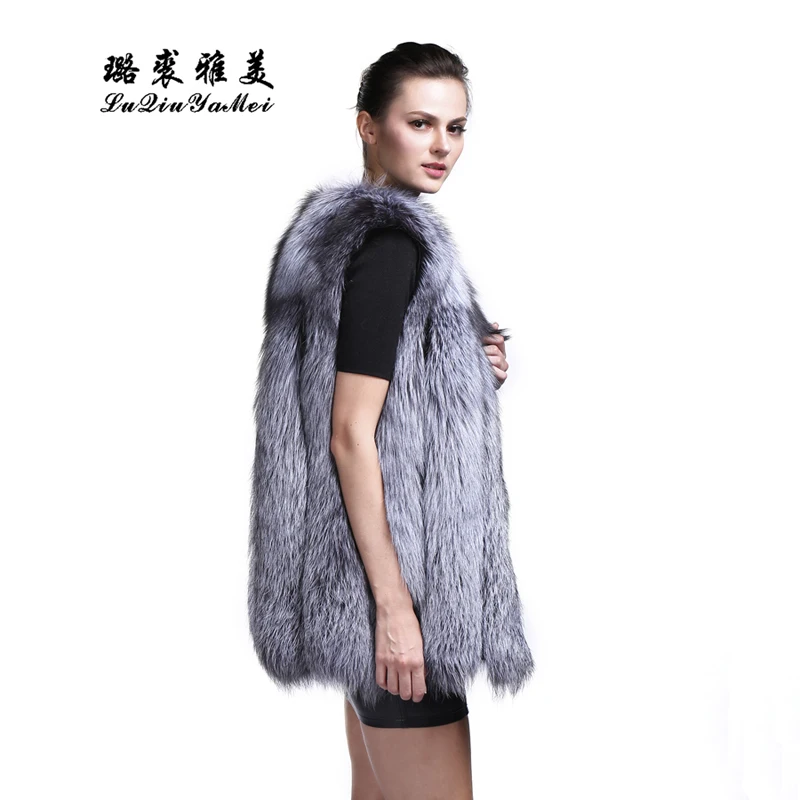 True natural silver fox vest women fashion winter stripe cut unique fox fur thick women jacket soft 2021 new style