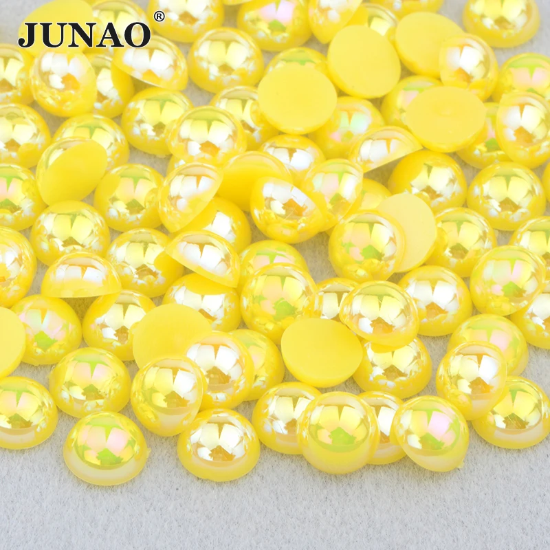 JUNAO 2 4 6 8 10 12 14mm Pink AB Flatback Round Pearls Bling Half Beads Stickers Glue On Crystal Stones Nail Art Decoration