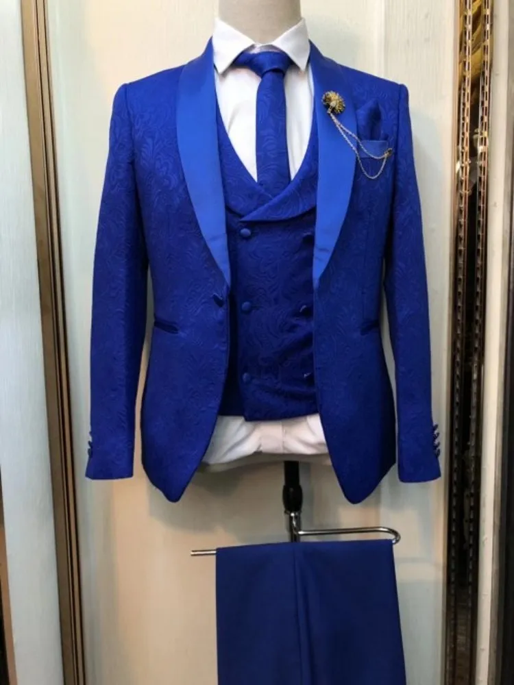 

New Arrival Men Suits Royal Blue Groom Tuxedos Shawl Satin Lapel Groomsmen Wedding Best Man ( Jacket+Pants+Vest+Tie ) C943