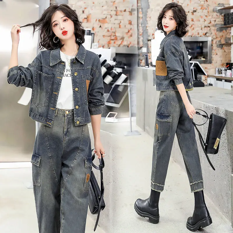 Female Spring Autumn Fashion Fried Street Cowboy Suit Spring 2021Women New Korean Style High Waist Thin Splicing Two-piece  C319