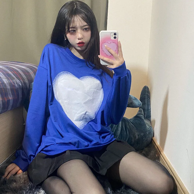 Korean Winter Vintage Plaid Pattern Pullovers O-Neck Harajuku Style Heart-shaped Pattern Full Sleeve Thicken Loose Sweatshirt