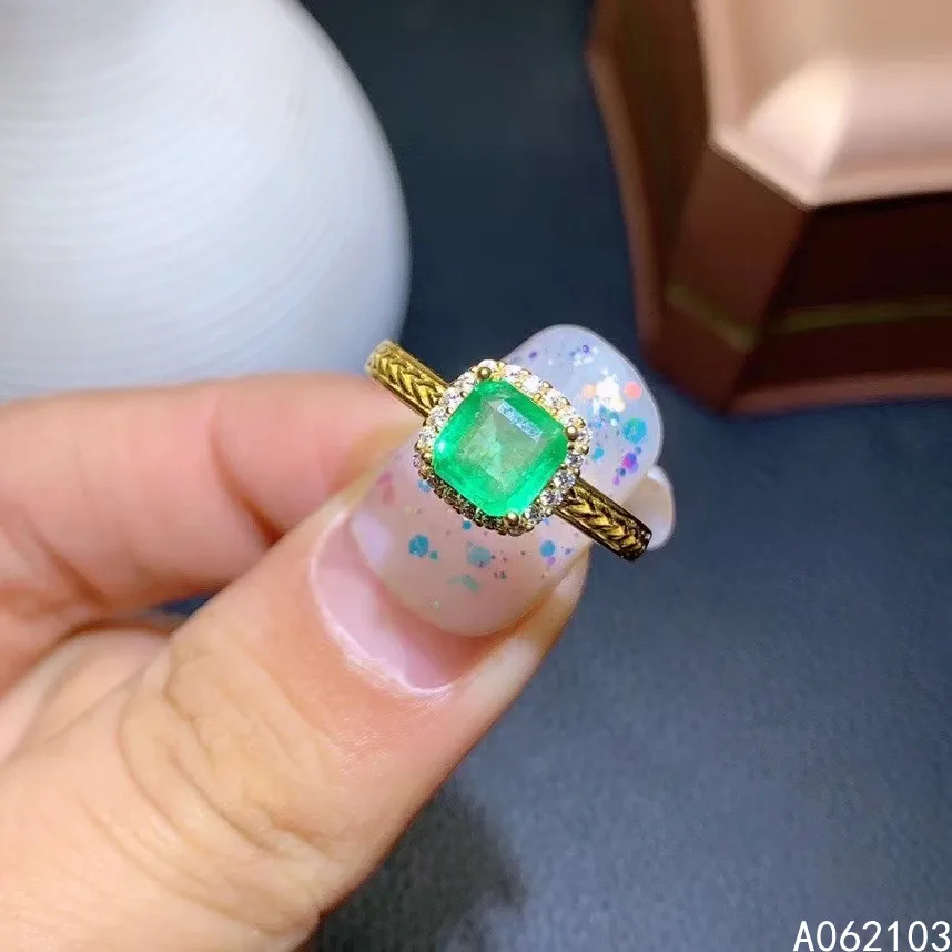 KJJEAXCMY fine jewelry 925 sterling silver inlaid natural emerald Women vintage noble square gem adjustable ring support detecti