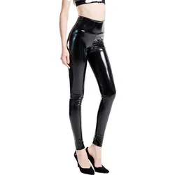 YGYEEG Push Up Women Black Leggings High Waist Elastic PU Leather Skinny Pants Shiny Wet Look Metallic Latex Ankle-Length Bottom