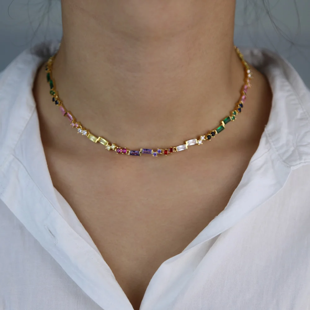 rainbow cz choker necklace gold color adjusted box chain multi layer 2020 new fashion collar chain