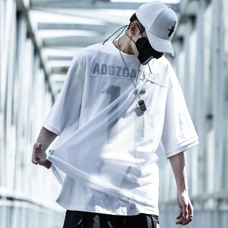 

Double Layer Hip Hop Sporty Mesh T-Shirts Techwear Men Streetwear Fake Two Pieces Tops Tees Summer Harajuku Japan Style Pullover