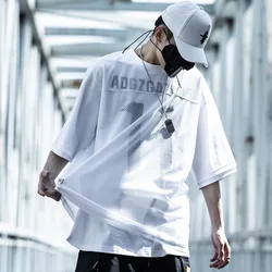 Double Layer Hip Hop Sporty Mesh T-Shirts Techwear Men Streetwear Fake Two Pieces Tops Tees Summer Harajuku Japan Style Pullover