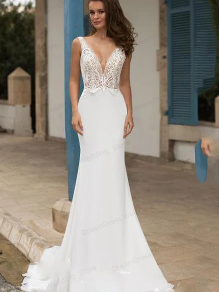 Sexy sereia vestido de casamento branco para as mulheres com decote em v sem mangas rendas apliques vestido de noiva sem costas robe de mariee feito sob encomenda